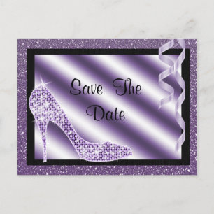 Lila Stiletto & Streamers 65. Save the Date Ankündigungspostkarte