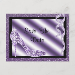 Lila Stiletto & Streamers Sweet 16 Save the Date Ankündigungspostkarte
