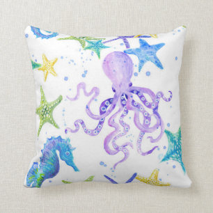 Lila Strandküste Octopus Seepferd Starfish Art Kissen
