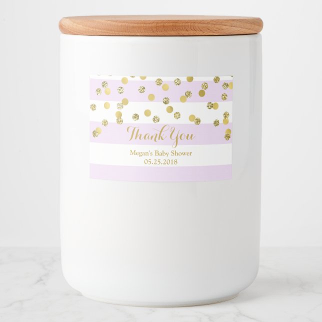 Lila Streifen Gold Confetti Babydusche Etikett (Vorderseite)