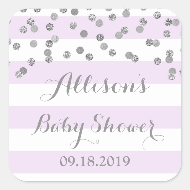 Lila Streifen Silver Confetti Babydusche Gefallen Quadratischer Aufkleber (Vorderseite)