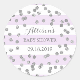 Lila Streifen Silver Confetti Babydusche Gefallen Runder Aufkleber