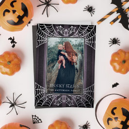 Lila Streifen Spinnennetze Halloween Foto Folien Feiertagskarte