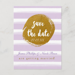 Lila Streifen und Goldfolie Save the Date Postkart Ankündigungspostkarte