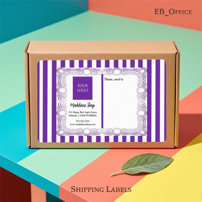 Lila Streifen und kurvenförmige Rahmen und Logos (Chic Purple & White Stripes with Logo.
Size: 3.75” L x 2” W - Eight labels per sheet
)