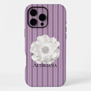Lila Streifen Weiße Perlen Blume iPhone 16 Pro Max Hülle