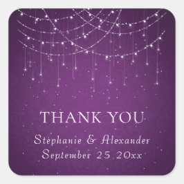 Lila String Lights Hochzeitname Vielen Dank Quadratischer Aufkleber