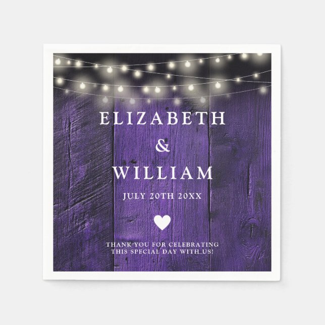 Lila String Lights Rustic Wood Boho Barn Wedding Serviette (Vorderseite)
