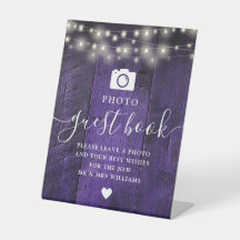 Lila String Lights Rustic Wood Foto Gästebuch