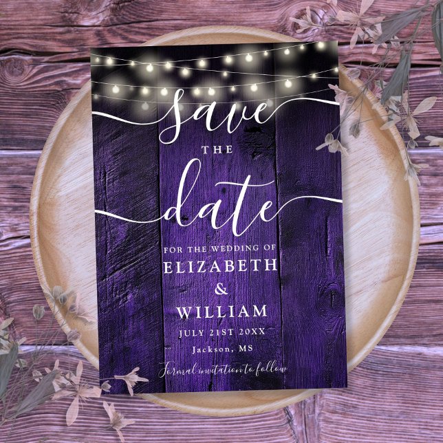 Lila String Lights Rustic Wood Stone Wedding Save The Date (Purple String Lights Rustic Wood Barn Wedding Save The Date)