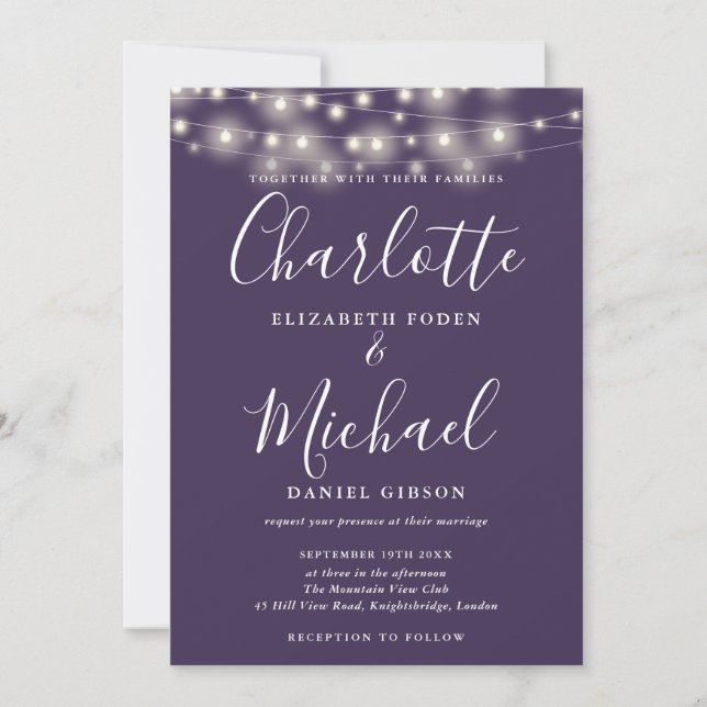 Lila String Lights Script Foto Hochzeit Einladung (Vorderseite)