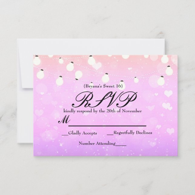 Lila String Lights Sparkle Party RSVP Card Karte (Vorderseite)