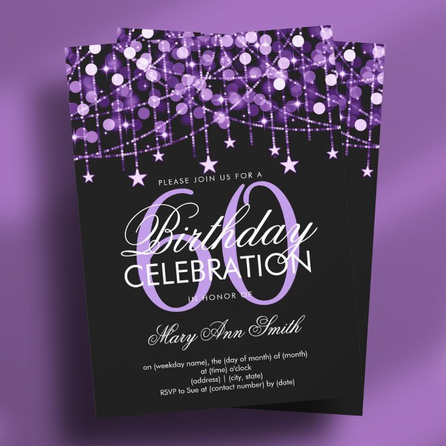 Lila String Lights & Stars aller Altersklassen Einladung (Purple Any Age Birthday String Lights & Stars Invitation)