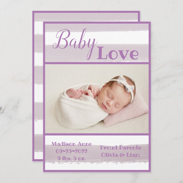 Lila Stripe Foto Baby Liebe Script Geburt Ankündigung (Vorne/Hinten)