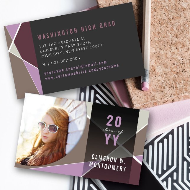 Lila Stylish Geometric Lines Mod Foto Graduate Telefonnummerkarte (Purple Stylish Geometric Criss Cross Photo Graduation Calling / Name Card @ zazzle.com/color_therapy)
