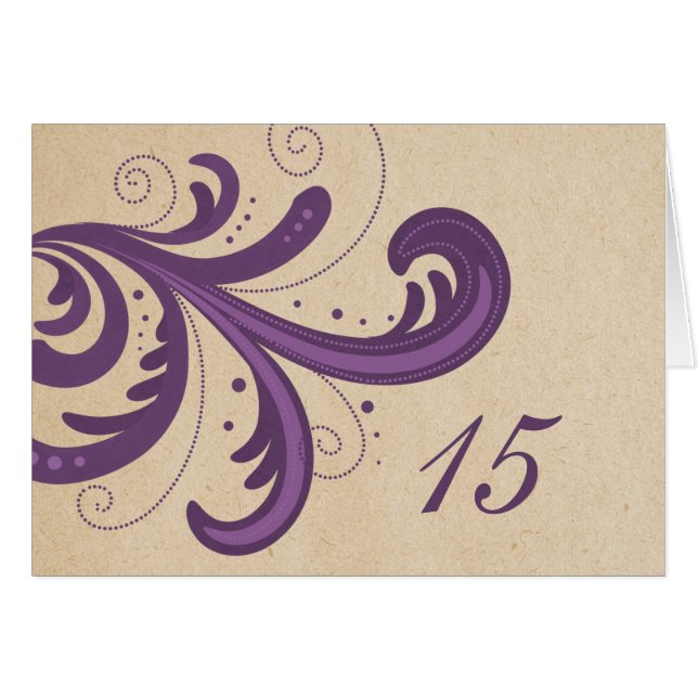 Lila Stylish Wirbel Tischnummer Card (Vorderseite (Horizontal))