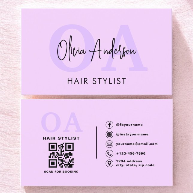 Lila Stylist QR Code Monogramm Visitenkarte (Von Creator hochgeladen)