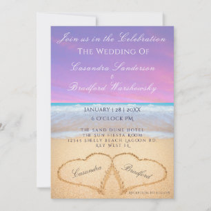 Lila Subset Beach Hochzeit 2 Herz Sand Einladung