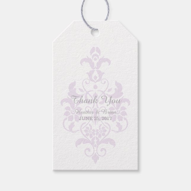 Lila, subtile Damask-Hochzeitsmarken Geschenkanhänger (Vorderseite)