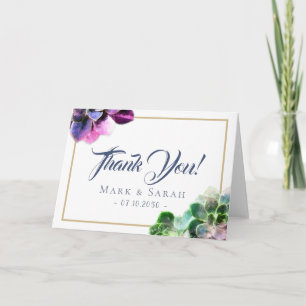 Lila Sukkulationen mit Blue Text Tan Line Hochzeit Dankeskarte