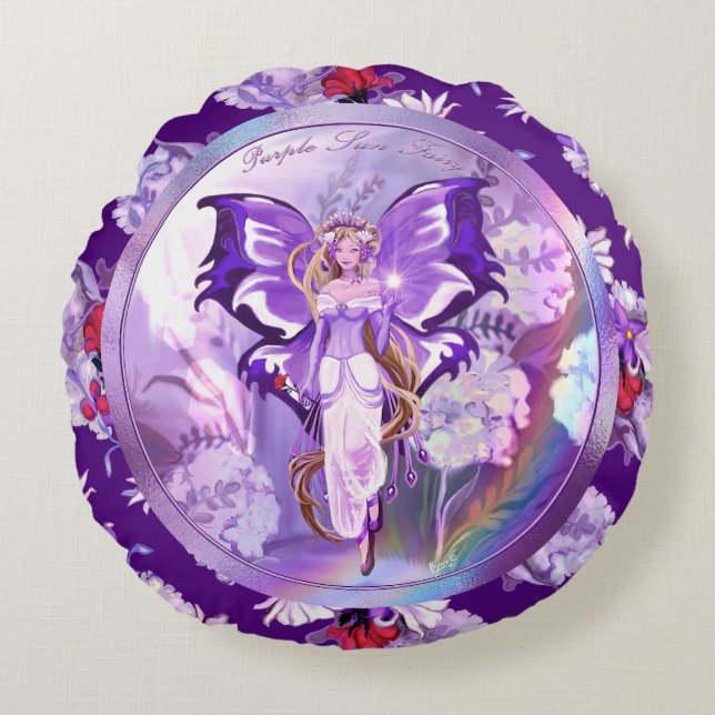 Lila Sun Fairy Rundes Kissen (Vorderseite)