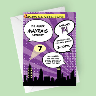 Lila Superheros Comic Book Styling Birthday Party Einladung