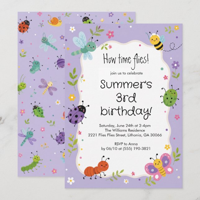 Lila süße Bugs Mädchen Geburtstag  Einladung (Vorne/Hinten)