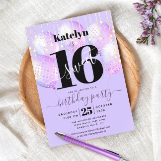 Lila Sweet 16 Birthday Girly Glam Ballon Script Einladung