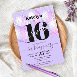 Lila Sweet 16 Geburtstag Girly Glam Ballon Schrift Einladung