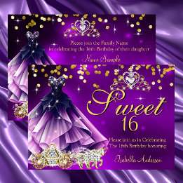 Lila Sweet 16 Geburtstagskleidung Tiara Carriage Einladung
