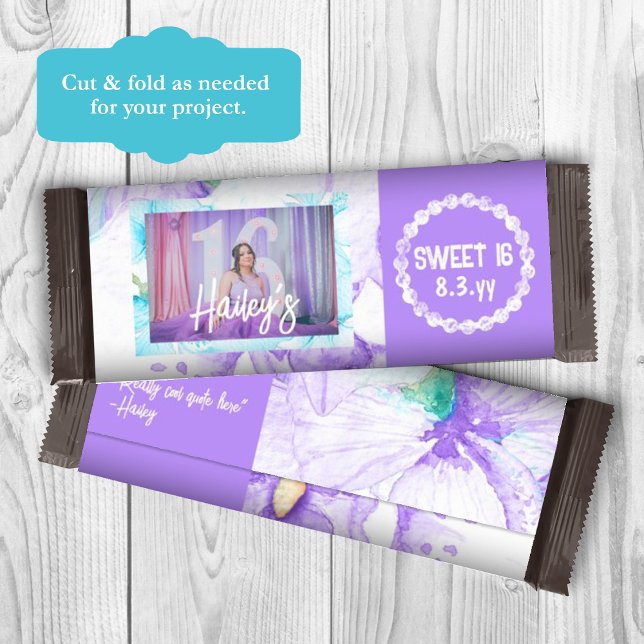 Lila Sweet 16 Personalisiert Candy Bar Wrapper Flyer (purple sweet 16 personalized chocolate candy bar wrapper, birthday photo and name custom label)