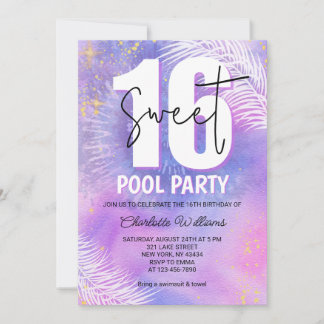Lila Sweet 16 Poolparty Geburtstag Einladung