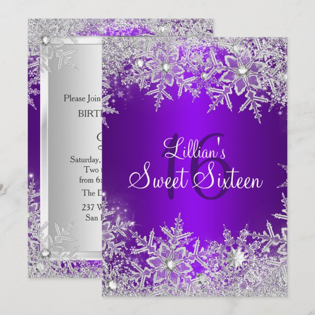 Lila Sweet 16 Snowflake Winterwonderland Einladung (Vorne/Hinten)