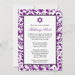 Lila Swirl Damask Bat Mitzvah Einladungen