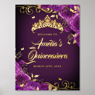 Lila Swirl Quinceanera Willkommenszeichen Gold Foliendrucke