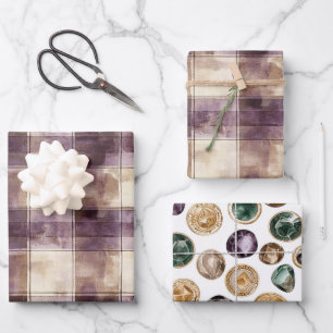 Lila-Tan-Creme-Streifen-Geburtstag Geschenkpapier Set