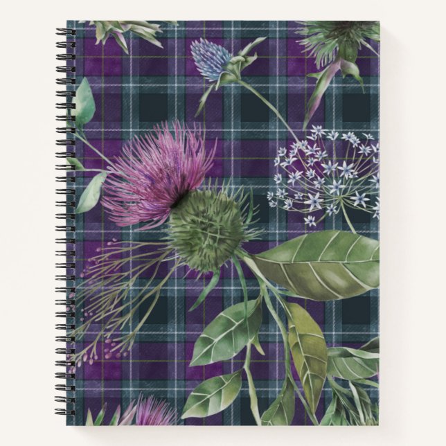Lila Tartan mit Thistle Overlay Notizbuch (Vorderseite)
