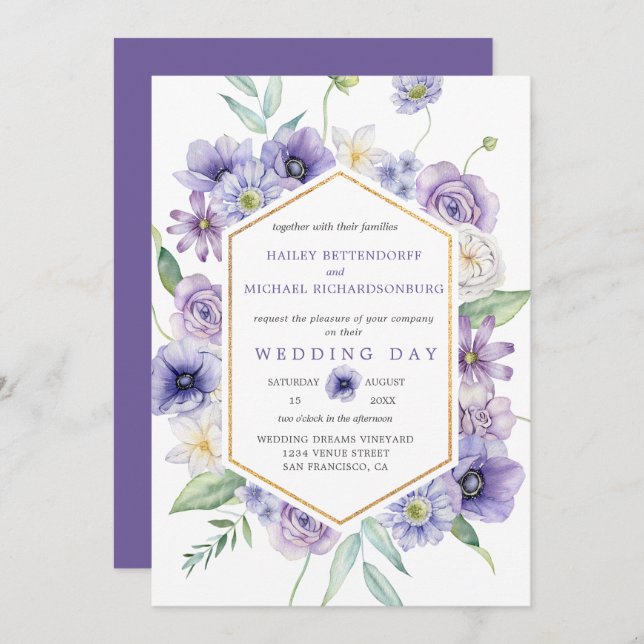 Lila Täschen, Anemonen, Rose Blumenhochzeit | Einladung (Vorne/Hinten)