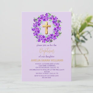 Lila Taufe des Lilac Floral Gold Cross Girl Einladung