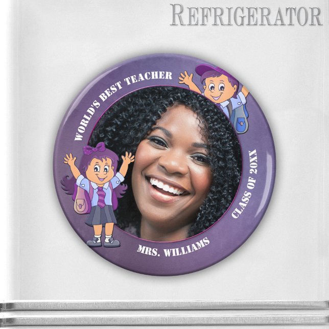 Lila Teacher Vielen Dank Custom Foto Magnet (Cute photo frame magnet featuring a photo of your favorite teacher framed by a modern purple design )