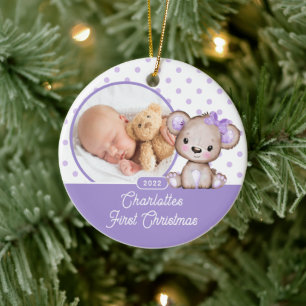 Lila Teddy Bear Baby's First Christmas Foto Keramik Ornament