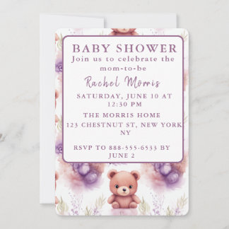 Lila Teddybär und Blume - Babydusche Einladung