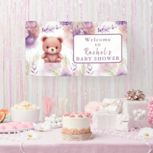 Lila Teddybär und Blumen - Babyparty Banner