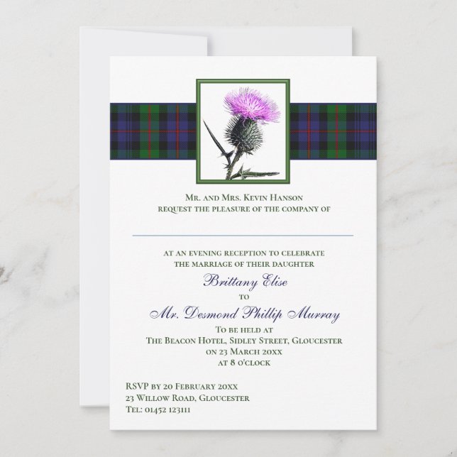 Lila Thistle Murray von Atholl Tartan Wedding Einladung (Vorderseite)