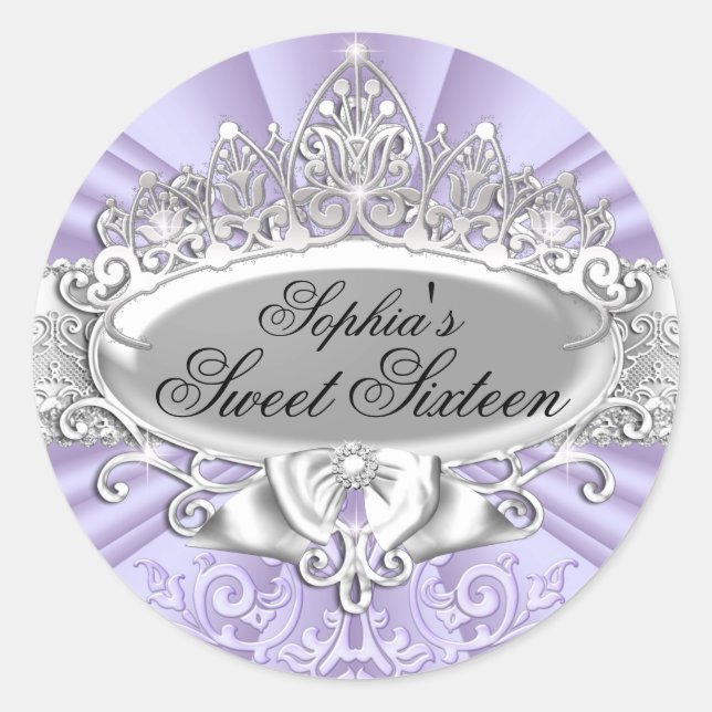Lila Tiara & Damask 16 . Geburtstag Sticker (Vorderseite)