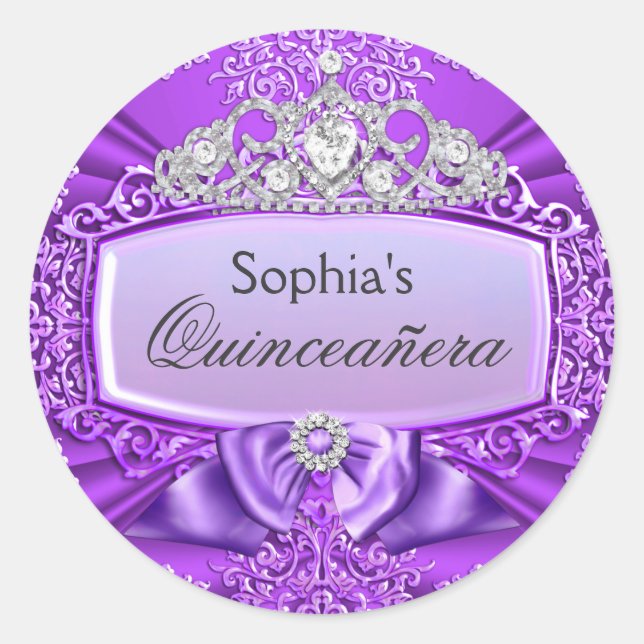 Lila Tiara & Damask Quinceanera Sticker (Vorderseite)