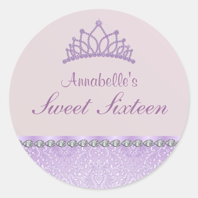 Lila Tiara & Damask Sweet16 Sticker (Vorderseite)