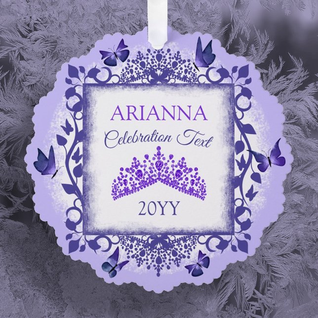 Lila Tiara & Schmetterlinge Herzlichen Glückwunsch Ornament Karte (purple tiara and butterflies christmas tree ornament with custom message personalized paper ornament)