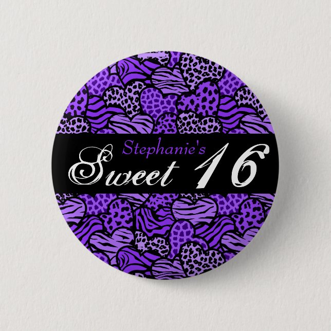 Lila Tiermuster-Herzen Sweet 16 Button (Vorderseite)