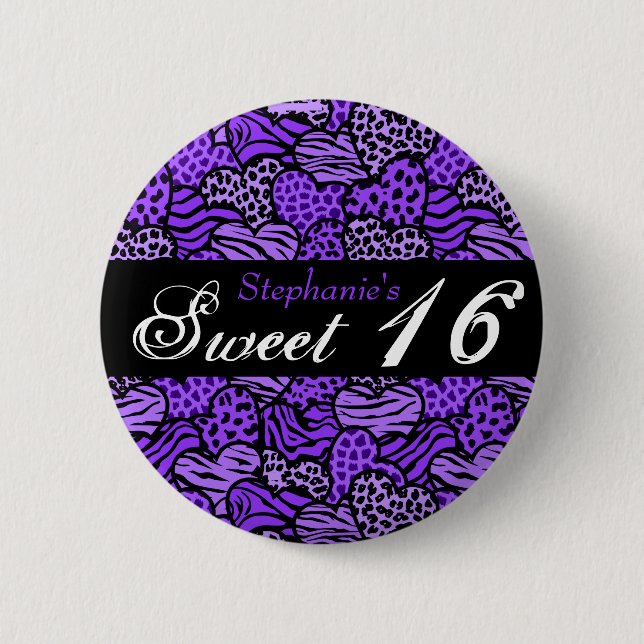 Lila Tiermusterherzen Sweet 16 Button (Vorderseite)